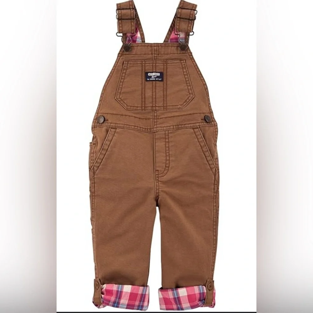NWT OshKosh B’gosh Brown Plaid Cuff Short Overalls 3M Baby Romper